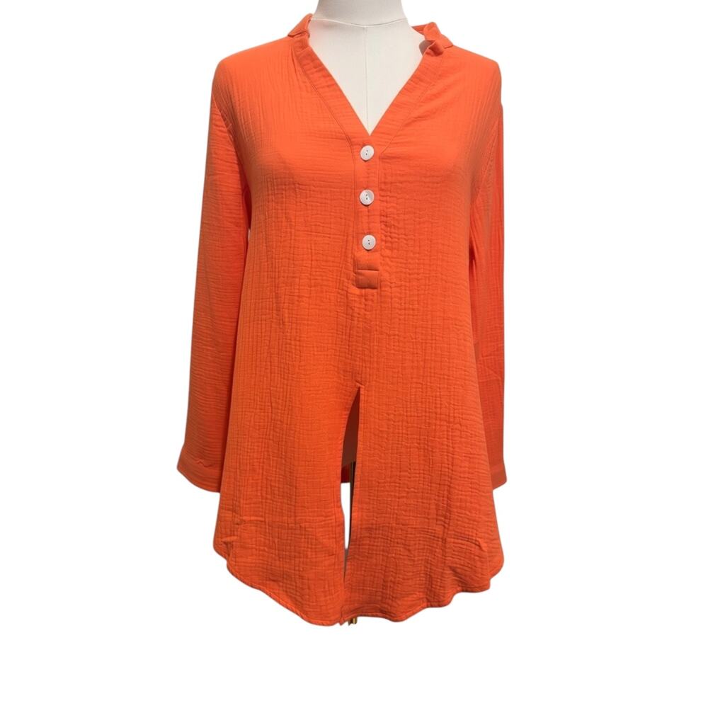 Soft Surroundings Womens Cotton Gauze Orange Tunic Top Split Front Petite Size M